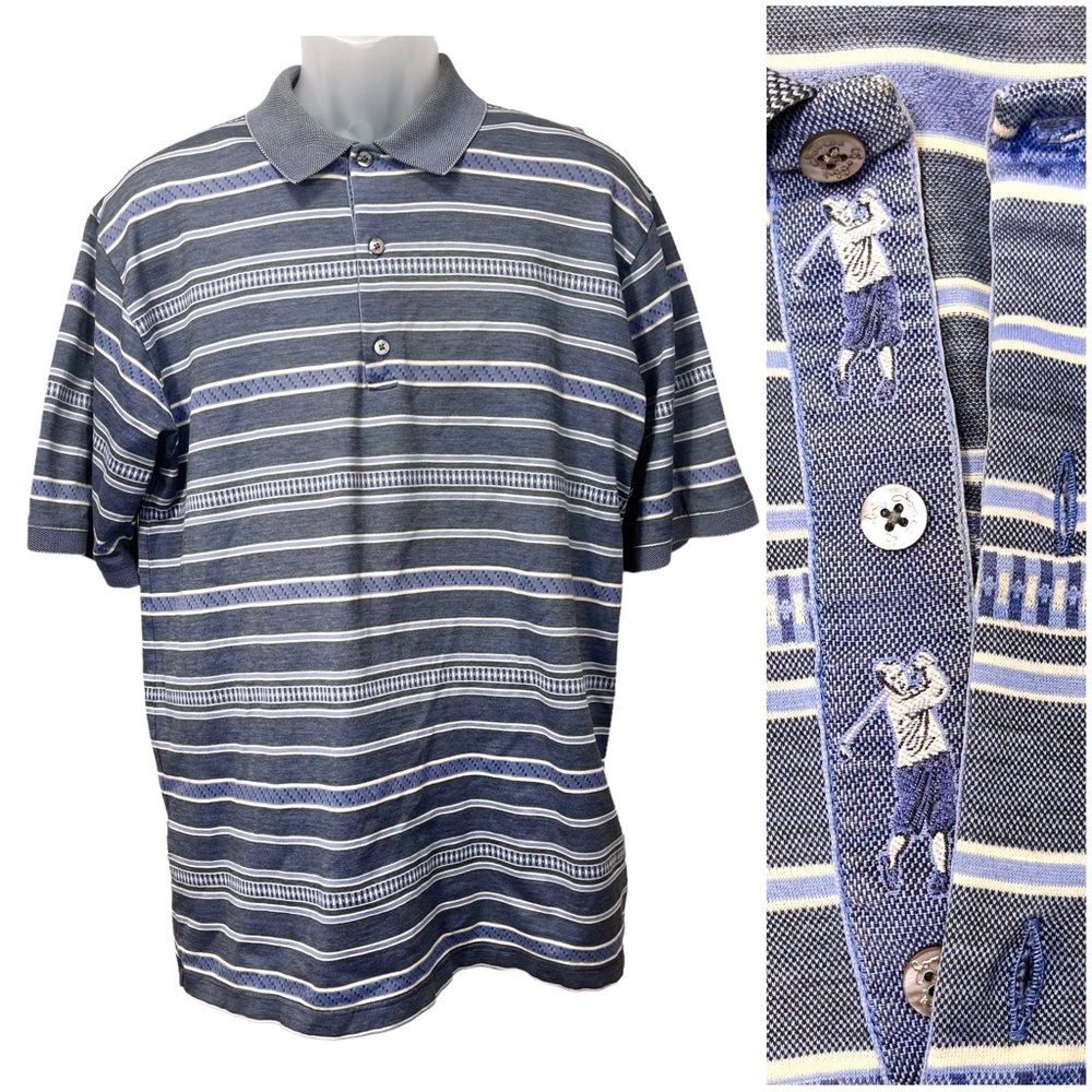 Bobby Jones Men’s Large Golf Polo Shirt Blue Gray Stripe Cotton‎ Made Italy
